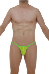 Bright neon green g-string lahitte net thong with sheer stretchy fabric and small red logo on sideband shown from back