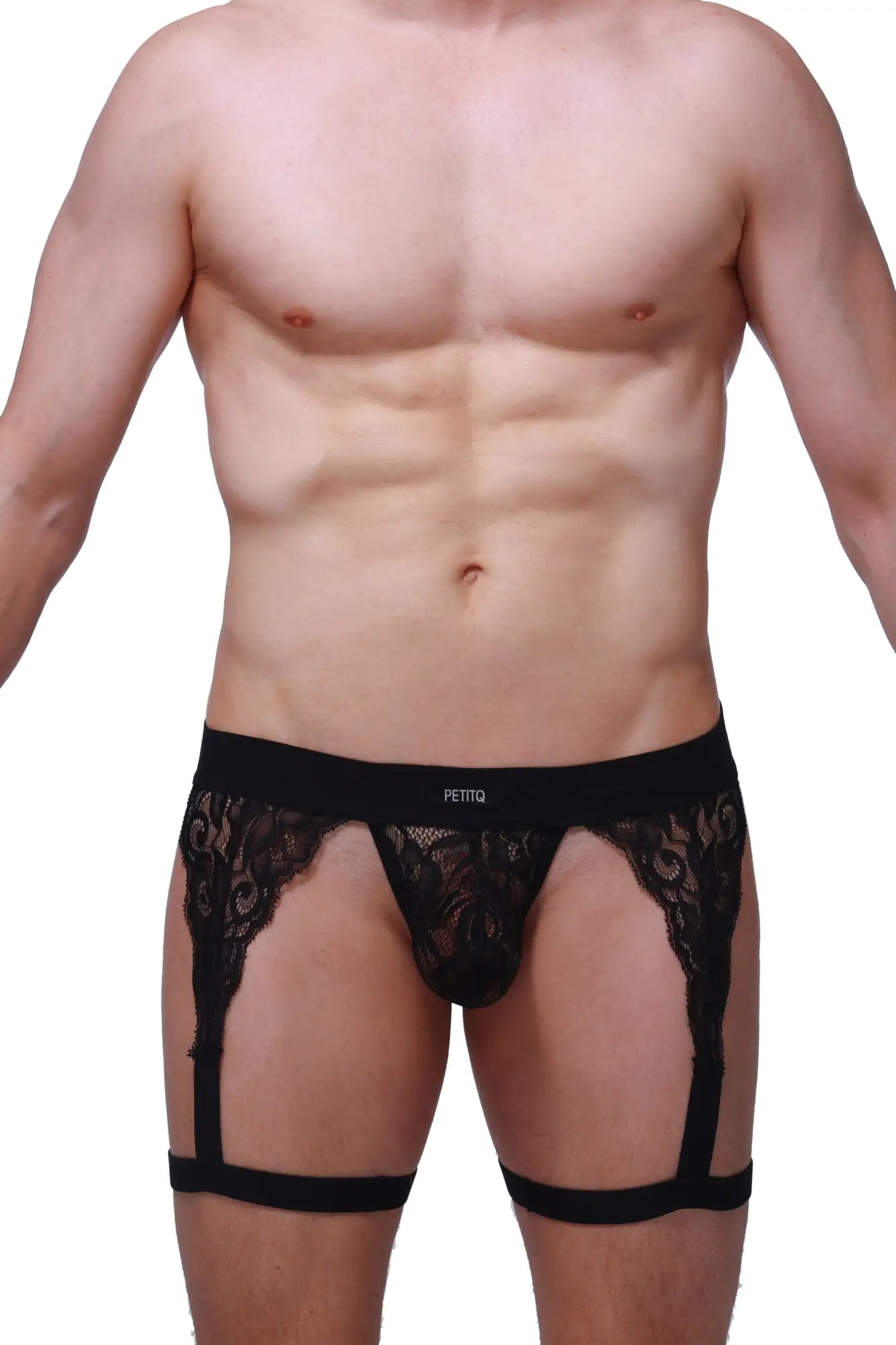 Black lace men’s garter belt with central pouch and adjustable straps featuring pettiaq logo on waistband for g-string lurris black