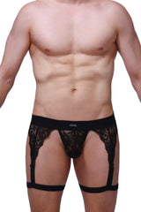 Black lace men’s garter belt with central pouch and adjustable straps featuring pettiaq logo on waistband for g-string lurris black