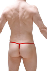 Red g-string pagne with thin smooth fabric waistband and leg straps shown from the back