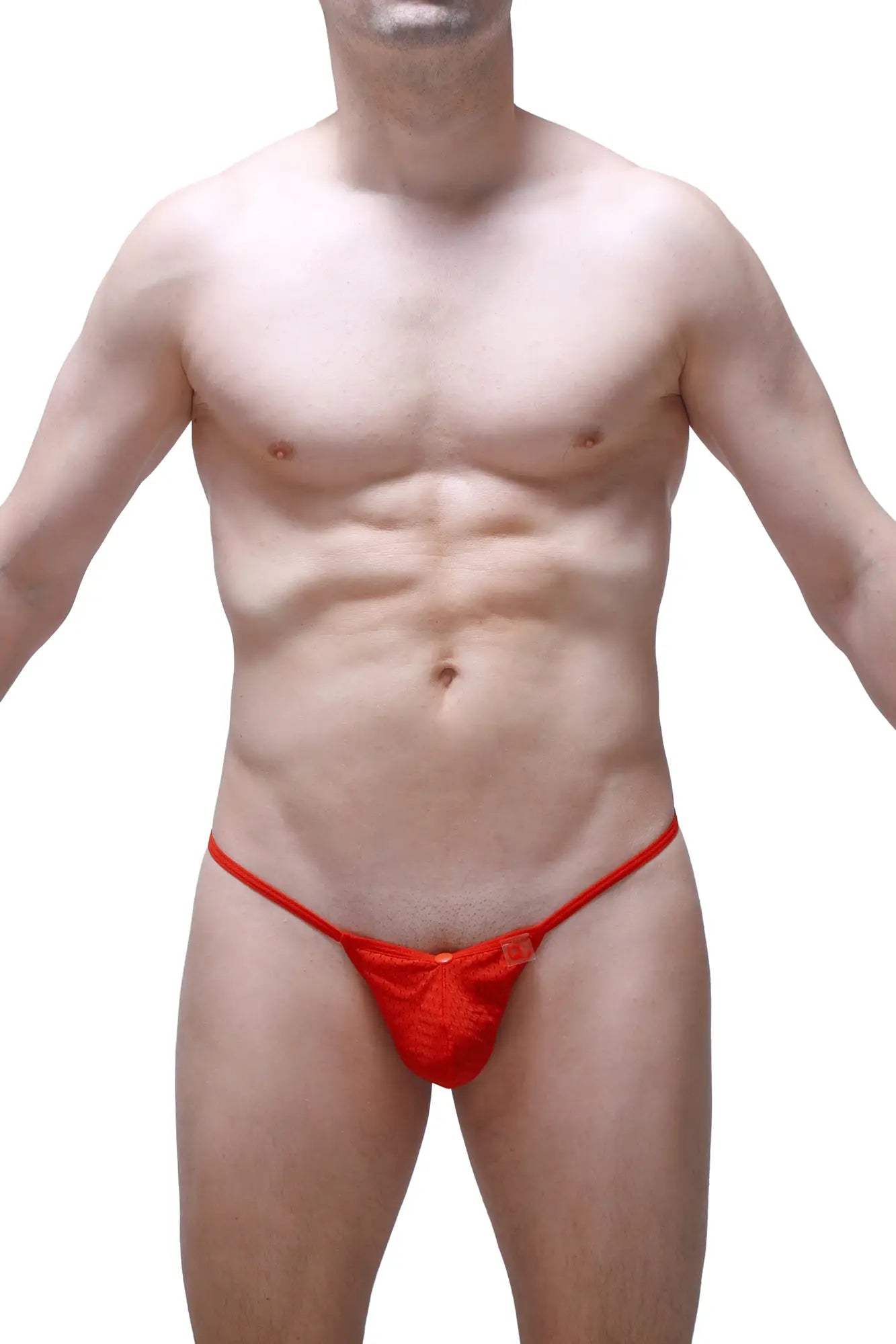 Red lace g-string with silicone ring featuring a small decorative bow at the front