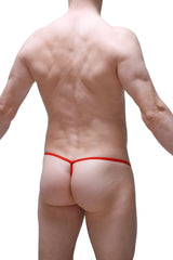 Red g-string with silicone ring featuring a thin seamless fabric band shown from the back side
