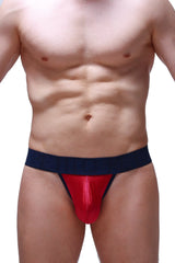 Red and navy blue g-string athletic briefs with mesh front panel from saleon joe framboise collection