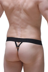 Black g-string saleon prussian with central circular metal ring and supportive straps, back side view