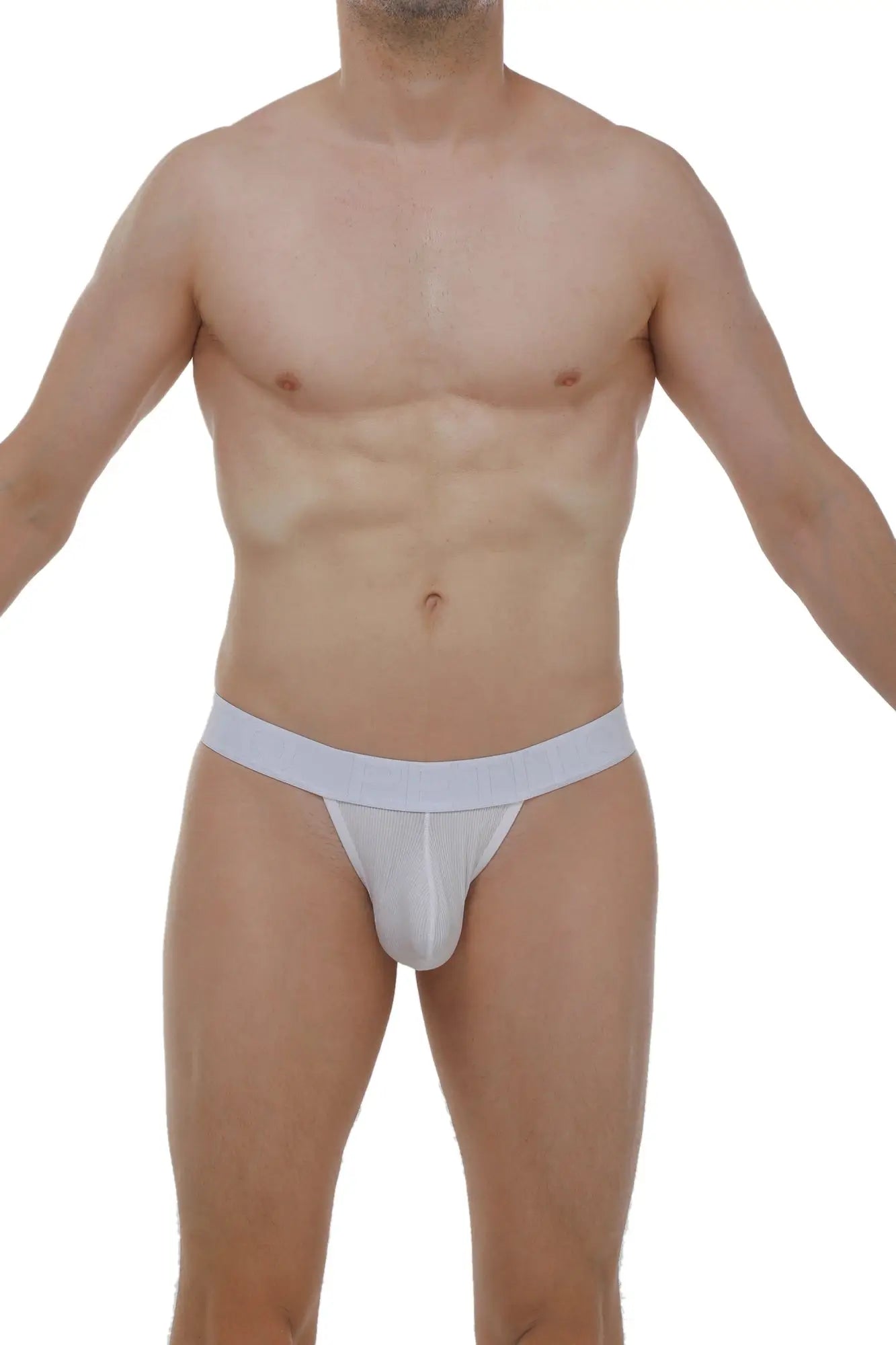White athletic g-string saleon rib briefs with snug fit and smooth seamless fabric front view