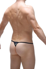Black g-string ulne camo net with a subtle silver triangular design on the back side of the thong