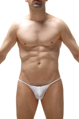 White mesh g-string with thin straps and a central button closure featuring a silicone ring detail