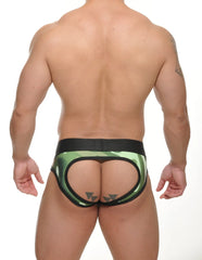 Green camouflage pattern gallo open back jock brief with black waistband and cutout design shown from back side