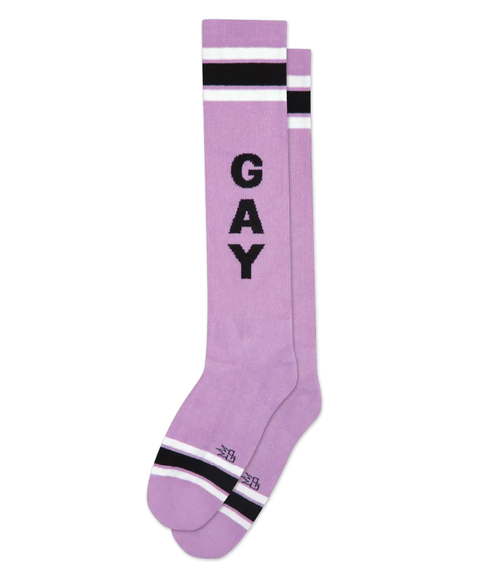 Lavender knee high socks with bold black gay lettering and contrasting white and black striped accents