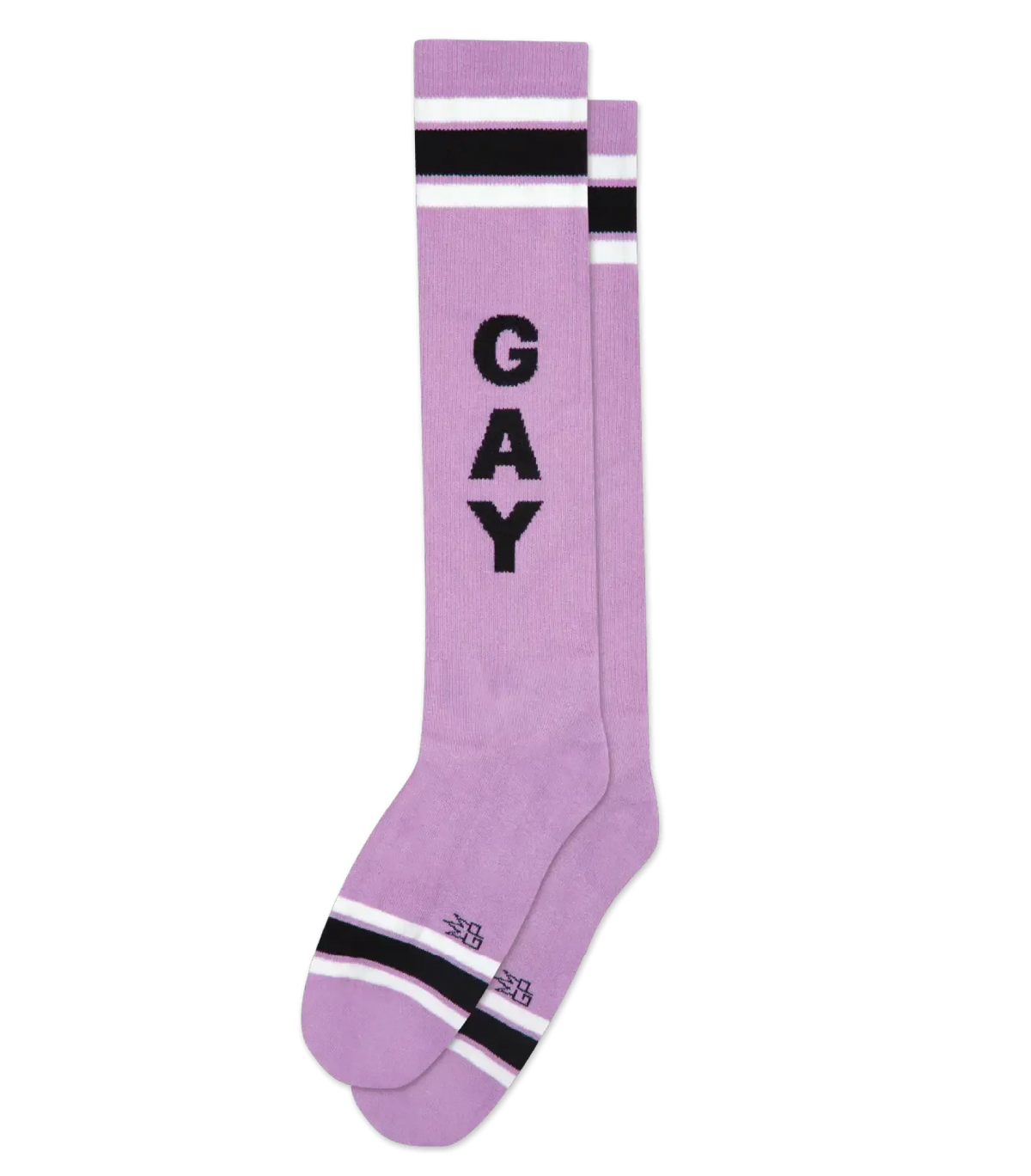 Lavender knee high socks with bold black gay lettering and contrasting white and black striped accents