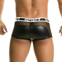 Black faux leather briefs with mesh panels and white gget waistband from gigo 1 fetiche white trunk zipper collection