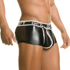 Black gigo 1 fetiche white trunk zipper menâ€™s briefs with shiny faux leather front mesh side panels and white trim