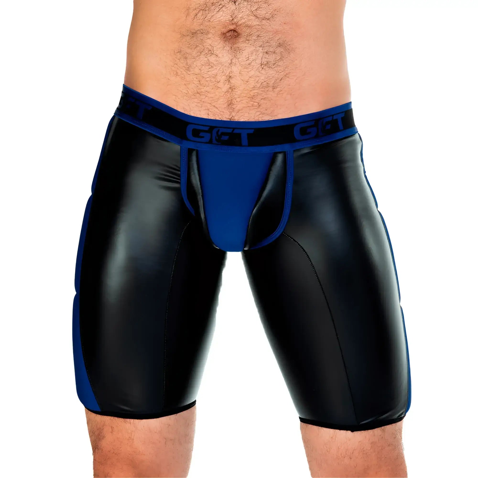 Black and blue shiny faux leather briefs with bold get logo on waistband gigo 2 fetiche blue trunk long