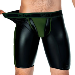 Black and olive green shiny latex briefs with get logo waistband from gigo 2 fetiche green trunk long collection