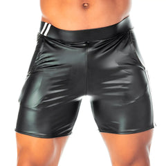Black shiny faux leather shorts with white striped waistband from gigo 2 fetiche white short collection