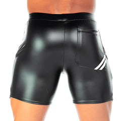 Black shiny faux leather shorts gigo 2 fetiche white short with white diagonal stripe on the side