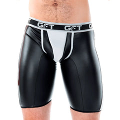 Black glossy faux leather briefs with white paneling and branded waistband from gigo 2 fetiche white trunk long
