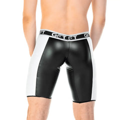 Black and white patent leather Gigo 2 Fetiche white zipper trunk long shorts with branded waistband front view