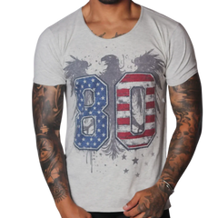 Light grey, scoop-neck t-shirt featuring a distressed eagle graphic with a US flag-themed "80" print.