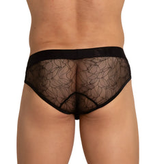 Black lace Gigo Amazonia brief underwear with delicate floral pattern and solid black waistband