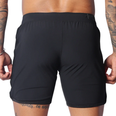 Rear view of black Gigo Ambitious athletic shorts featuring a flat waistband and minimalist, seamless design.