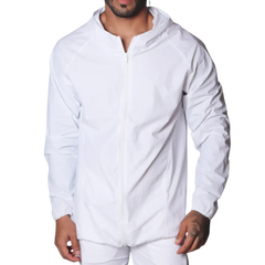 White lightweight zip-up jacket in a technical nylon fabric featuring a hood and long raglan sleeves.