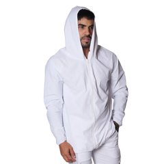 Minimalist white hooded windbreaker jacket with a front zipper and long sleeves, worn by a man against a black backdrop.