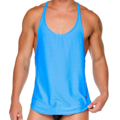 Gigo Arab blue tank is a bright blue mesh textured menâ€™s tank top with thin straps and a scoop neckline