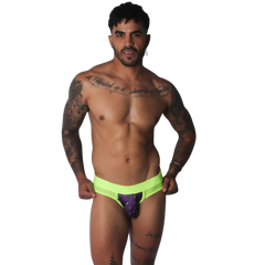 Neon yellow jockstrap with mesh sides and a dark purple, aubergine-patterned front pouch.