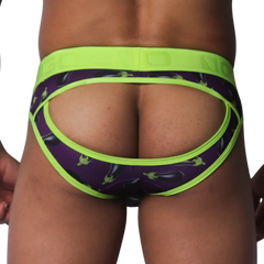 Purple jockstrap with eggplant print, lime green trim, and an open-back design on a thick logo waistband.