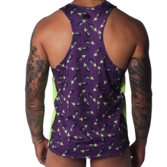Purple racerback tank top with an eggplant pattern and neon green mesh side panels.