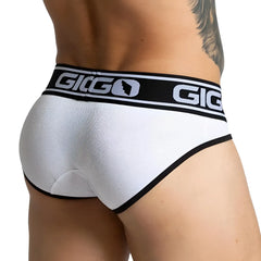 White giggo branded briefs with black trim and textured fabric in gigo audacy white brief design