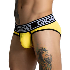 Bright yellow gigo audacy brief with black and white elastic waistband made for comfortable daily wear