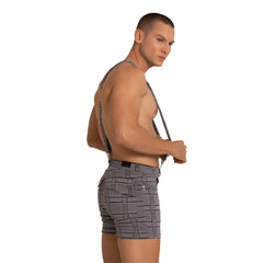Gray plaid denim shorts with matching suspenders from gigo aventurer gray square short collection