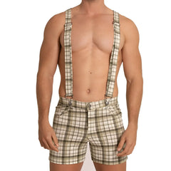 Plaid-patterned olive and cream tone suspenders paired with matching gigo aventurer green square shorts