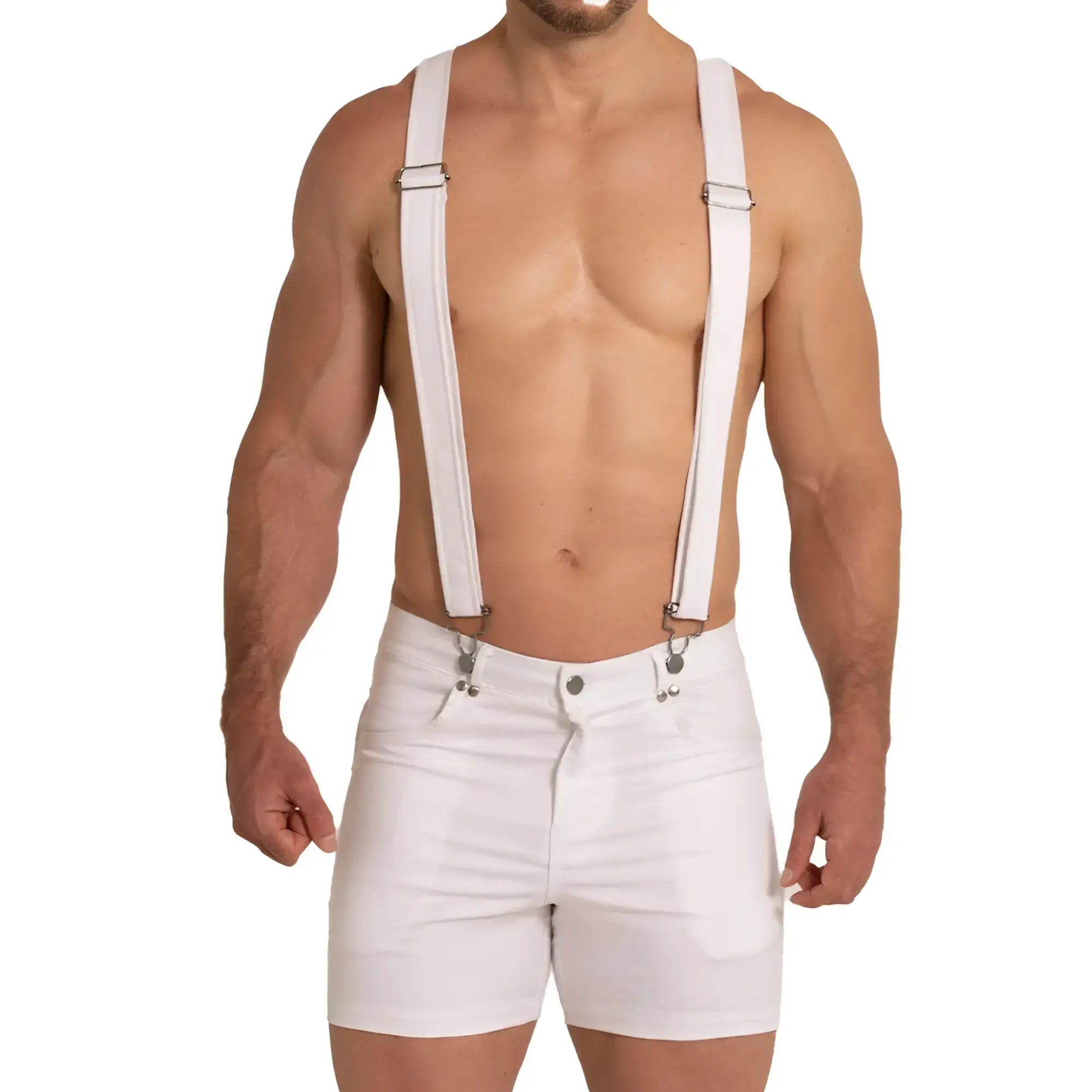White leather shorts with matching white suspenders and silver-toned metal clasps from gigo aventurer white short collection