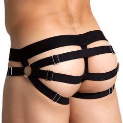 Gigo Bahia black jock featuring a black elastic strap harness with silver metal buckles and central circular ring