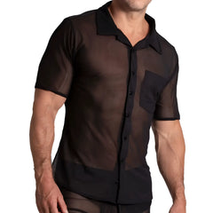 Gigo Bahia black shirt sheer short-sleeved button-up with solid black collar and pocket for stylish layering
