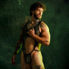 Black sheer bodysuit gigo bahia green body with lace-up front and thong-style bottom in delicate sheer fabric