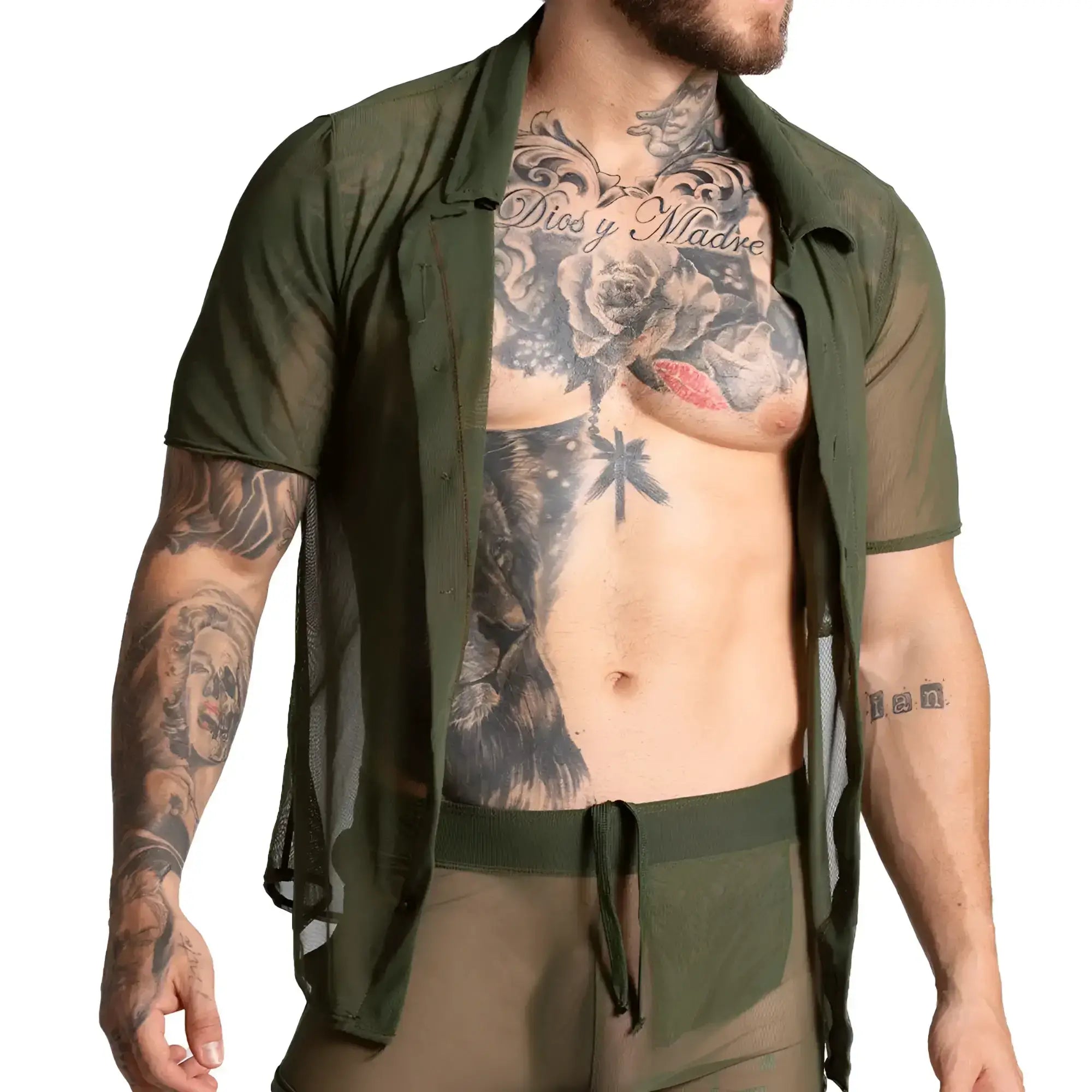 Olive green sheer mesh short-sleeved gigo bahia green shirt with collar and drawstring waistband