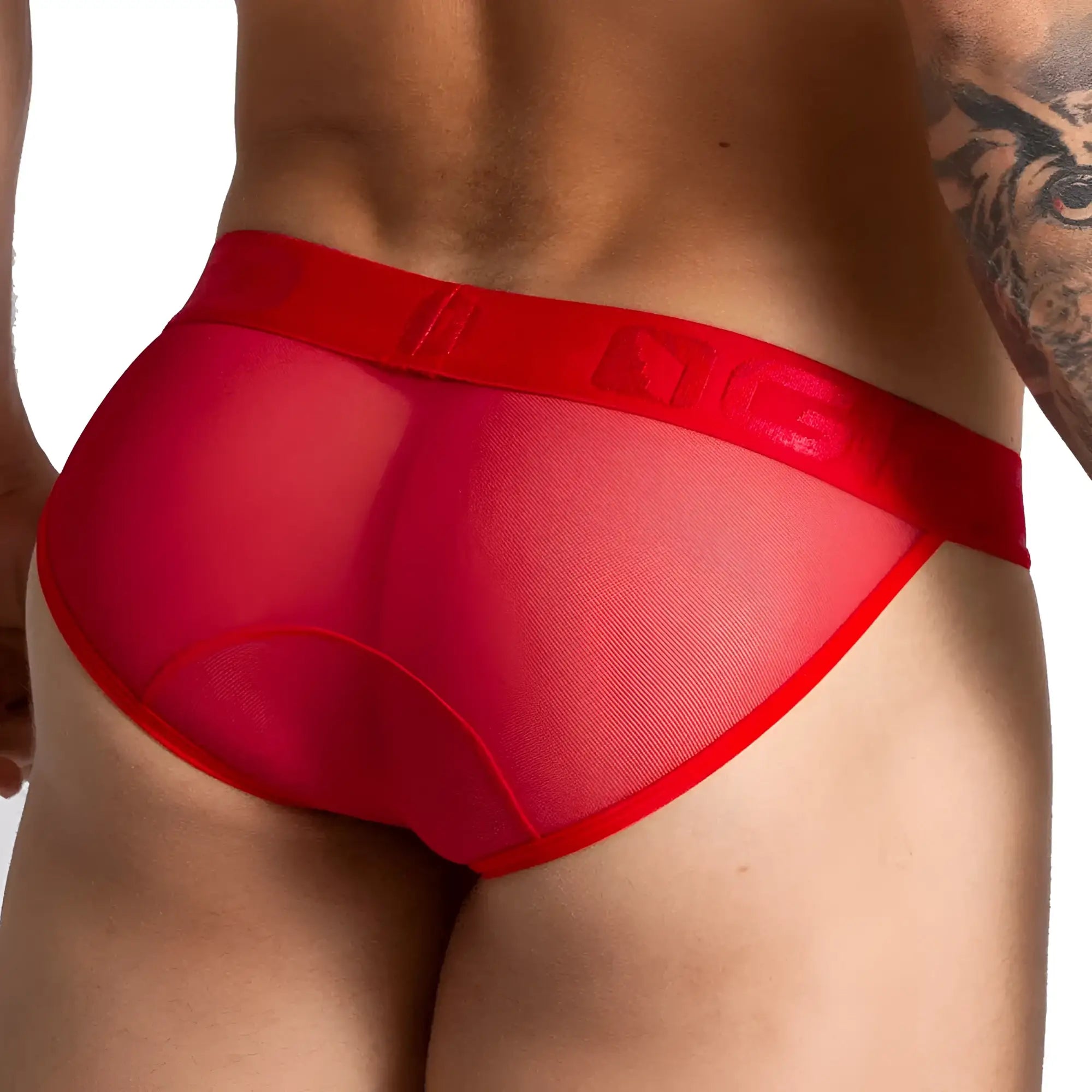 Red mesh briefs gigo bahia with a solid red waistband made from breathable mesh fabric