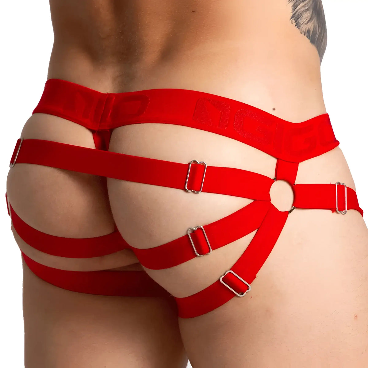 Gigo Bahia red jock featuring a red harness with multiple adjustable straps and silver metal buckles