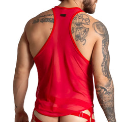 Gigo bahia red tank sheer red mesh tank top with red trim and black brand tag at neckline