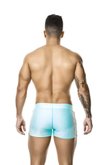 Light blue gigo basic swimwear shorts in size m with smooth shiny fabric and a fitted athletic cut