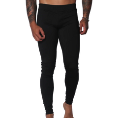 Form-fitting black Lycra leggings featuring a high-rise elastic waistband and a sleek, minimalist design.