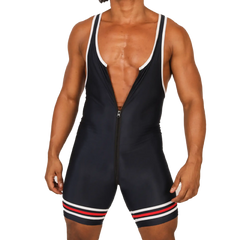 Black wrestling singlet with white and red striped waistband and front zipper closure from gigo boxing blue body collection