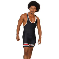 Black wrestling singlet with white trim and red white stripes at the hem from gigo boxing blue body collection