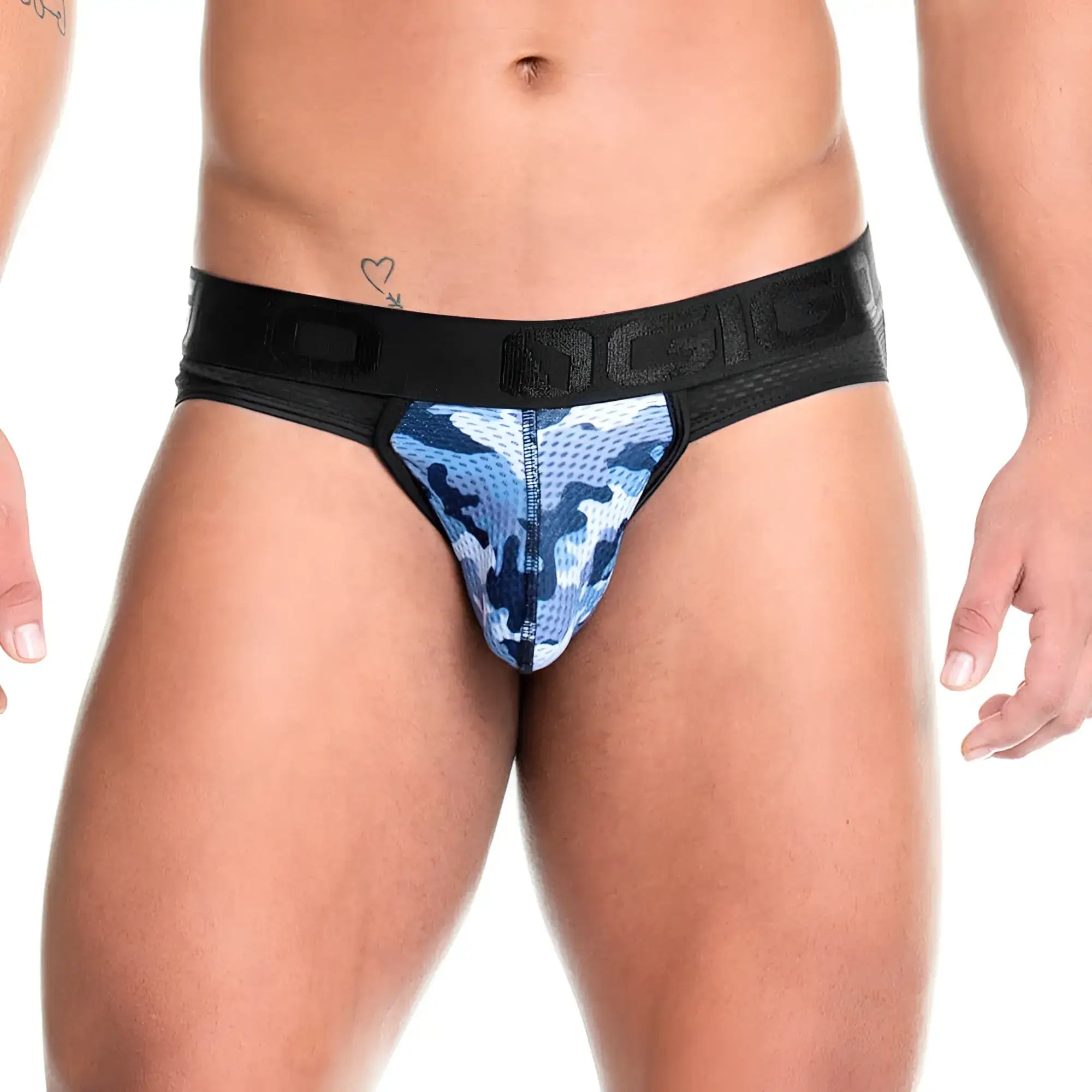 Gigo camo black brief jockstrap in blue and black camouflage pattern with mesh waistband for athletic use