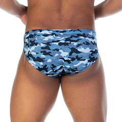 Gigo camo black swim brief in blue and black camouflage pattern designed for swimming and beachwear