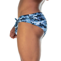 Gigo camo black swim brief in blue and black camouflage pattern with tied side closure for swimming use
